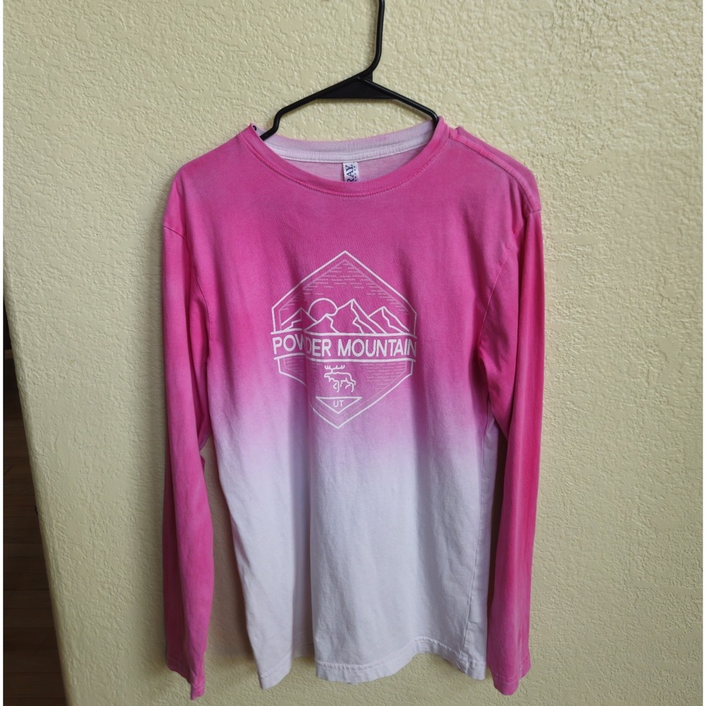 Ouray Sportswear Powder Mountain Pink White Long Sleeve Cotton T-Shirt Crew Nec…